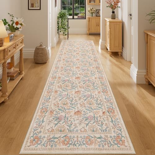 DUKINO 2.6x8 Runner Rug, Washable Vintage Floral Kitchen Runners Rug, Beige by DUKINO