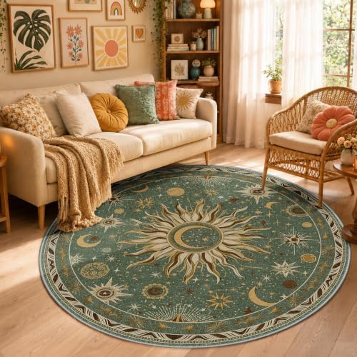 Vacuum-Friendly, Round 6ft Washable Area Rug, Green Brown by meejou