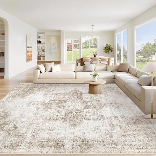 Area Rug 9x12 Washable Rug, Vintage Boho Medallion Rugs Non-Slip Soft Low Pile Large Distressed Rug Indoor Retro Carpet for Living Room Bedroom Dining Room Home Office (Taupe, 9'x12') by VECARF