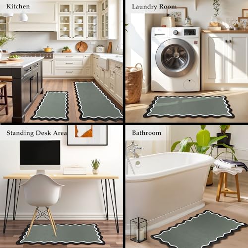 Arenarug Scalloped Kitchen Mats for Floor, Black Gray Kitchen Rugs Set of 2 - Image 6