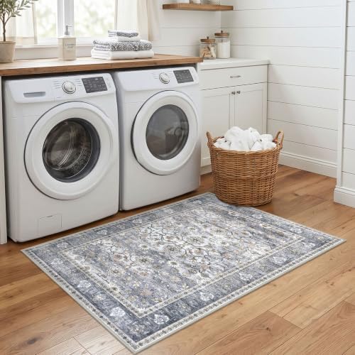 KUTA Vintage Area Rug 4x5 Washable Entryway Rug Grey Blue - Image 3