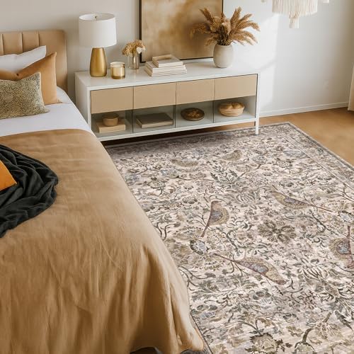Vintage Washable 4x6 Area Rug for Bedroom Beside, Entryway, Mudroom, Kitchen, Living Room, Low Pile Non Slip, Oriental Stain Resistant Carpet with Moss Green Bird Pattern by HazoHaus