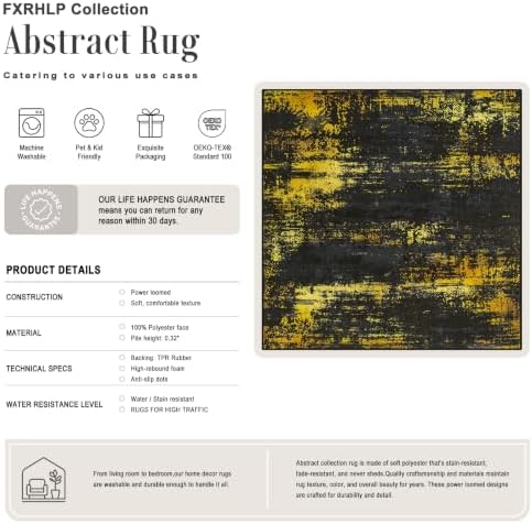 Area Rug Living Room: 4x4 Modern Washable Soft Carpet Black Gold - Image 2