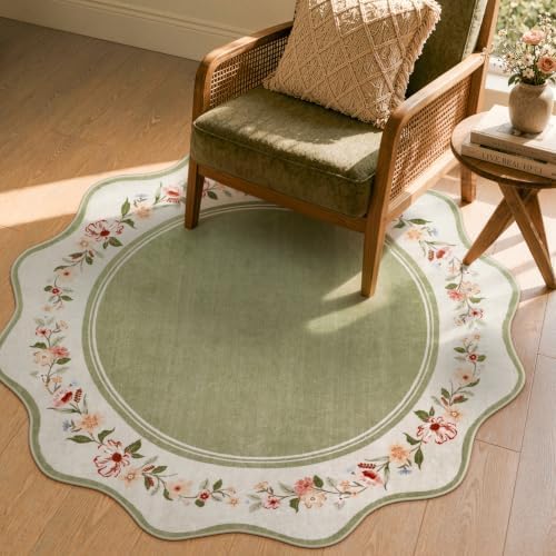 Lahome Round Kitchen Rug 4ft, Green Scalloped Floral Rug by Lahome