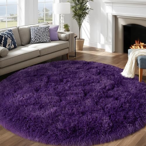 7ft Fluffy Dark Purple Round Rug for Bedroom Living Room, Washable Non-Slip by WISHTREE
