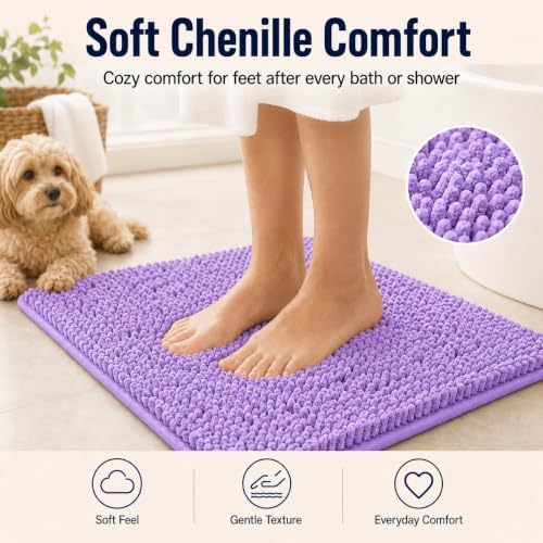 Chenille Bath Mats Set 2 Piece Non-Slip Luxury Bath Runner Rugs Extra Soft Absorbent Shaggy Washable Dry Plush Area Carpet Mats - Lavender - Image 3