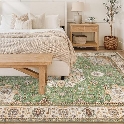 Area Rug 6x9 Washable Rug, Vintage Boho Medallion Rugs Non-Slip Soft Low Pile Large Distressed Rug Indoor Retro Carpet for Living Room Bedroom Dining Room Home Office (Vintage Green, 6'x9') - Image 2