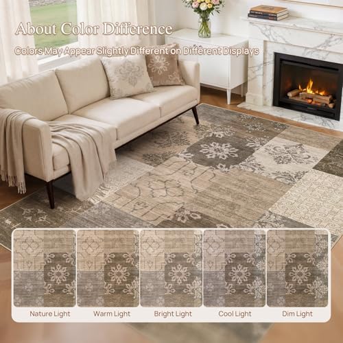 UERMEI 9x12 Area Rug for Living Room, Washable Brown Modern Geometric Patchwork Non Slip Stain Resistant Low Pile Foldable Carpet for Bedroom Dining Farmhouse Home Office - Image 6