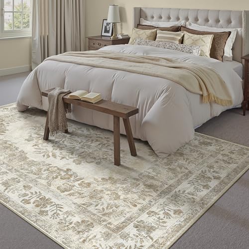 PureCozy 8x10 Washable Area Rug Living Room Cream Beige Vintage Carpet - Image 4