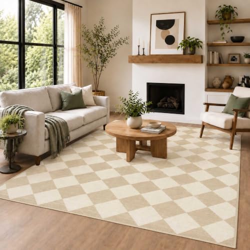 5x7 Checkered Area Rug for Living Room, Soft Low Pile Oat Rugs by Unknown