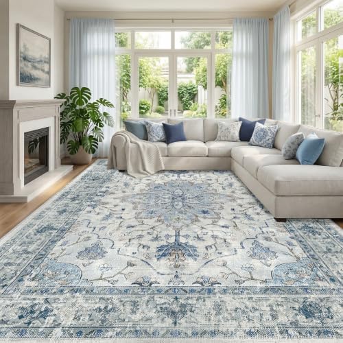RELEANY Washable Area Rug, Large 10'x12', Blue/White/Gray by RELEANY