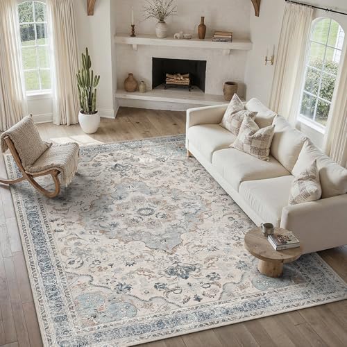 PureCozy Blue Area Rug 10x12 Living Room Vintage Floral Non-Slip Carpet - Image 2