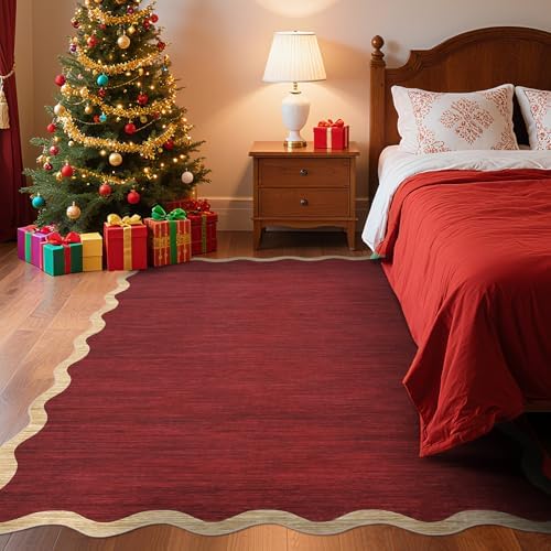 GarveeHome Living Room Rugs 4x6 Area Rugs Machine Washable Christmas Scalloped Rug Non Slip Low Pile Farmhouse Stain Resistant Carpet for Bedroom Nursery Classroom Dorm 4 ft x6 ft Red - Image 2
