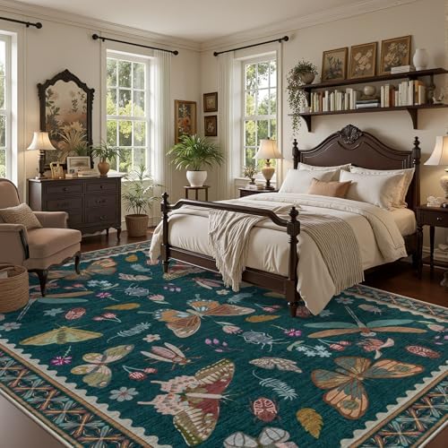 10x12 Area Rug Living Room: Soft Floral Washable Carpet Teal - Image 3