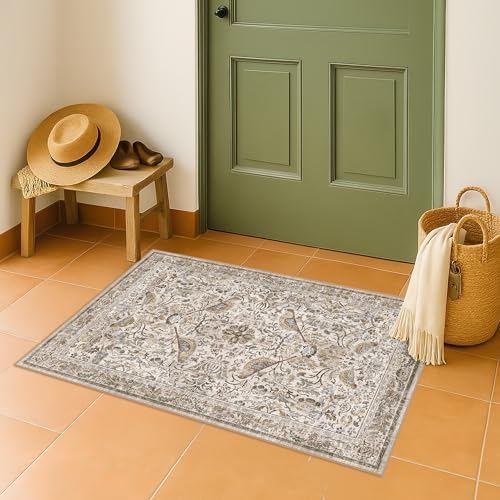 Boho Moss 2x3 Indoor Rugs for Entryway, Vintage Washable Small Throw Rug for Kitchen, Non Slip Soft Floral Bathroom Carpet with Bird Pattern, Low Pile & Stain Resistant - Image 3