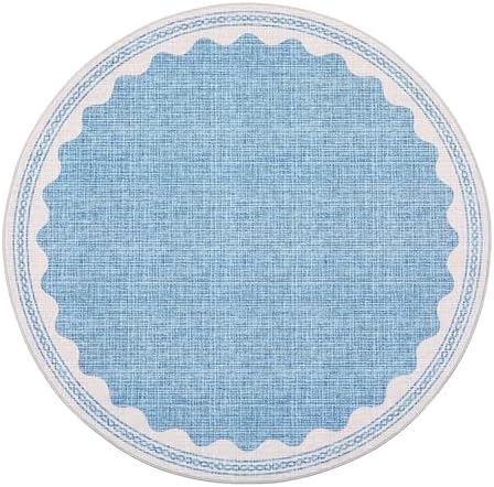 GarveeHome Scalloped Blue 4ft Round Rug Washable Non-Slip Soft Ultra-Thin Small Circle Modern Cottage Core Solid Tan Carpet for Entryway Kitchen Bedroom Nursery Dining Room - Image 4