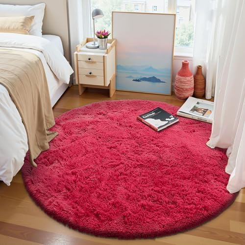 OLANLY Red Round Rugs for Bedroom - Machine Washable, 9 ft Circle Area Rugs for Living Room, Soft and Fluffy Shaggy Carpet for Teen Girls and Boys, Nursery Rooms, Dorms, Home Decor Aesthetic - Image 2