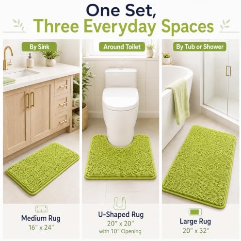 Lime Green Bathroom Rug Set - Extra Soft 3 Piece Anti-Slip Bath Mats, Plush Chenille Shaggy Mat for Living Room, Bedroom, Floor - Water Absorbent Soft Rug - Image 4