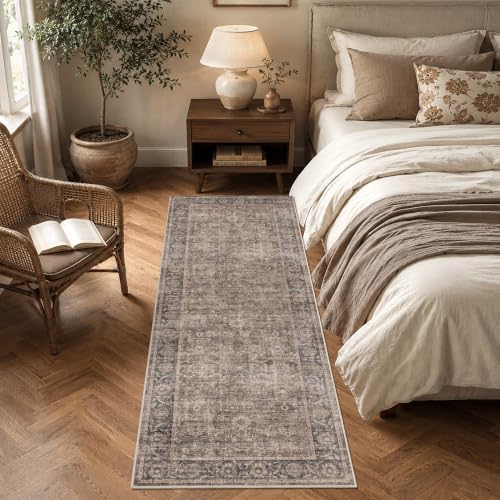 Washable 2.6x8 Kitchen Soft Runner Rug Retro Taupe Navy Throw Carpet - Image 4