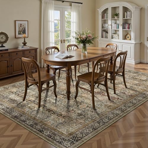 6x9 Area Rugs - Washable Vintage Retro Living Room Rug, Soft Ultra Thin Non Slip Low Pile Traditional Distressed Boho Carpet for Bedroom Dining Room Nursery Home Office, Charcoal Olive - Image 4