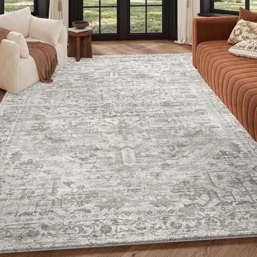8x10 Beige Brown Washable Area Rug for Living Room, Vintage Print - Image 5