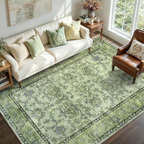 6x9 Ft Vintage Area Rugs for Living Room, Thin Soft Washable Carpet Green by Cuzwlovita