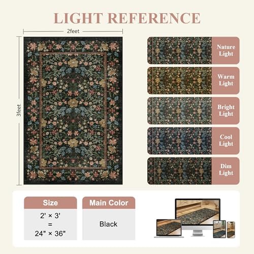 DUKINO 2x3 Entryway Rug, Washable Vintage Floral Area Rug, Black - Image 2