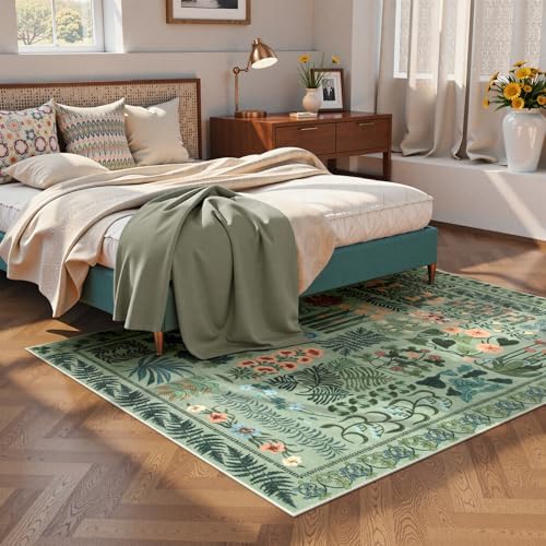 Zealude Floral Boho Washable 5x7 Area Rug for Living Room, Green Botanical Rug for Bedroom Dining Room Low Pile Non Slip, No Shed Large Carpet for Home Office Décor - Image 3