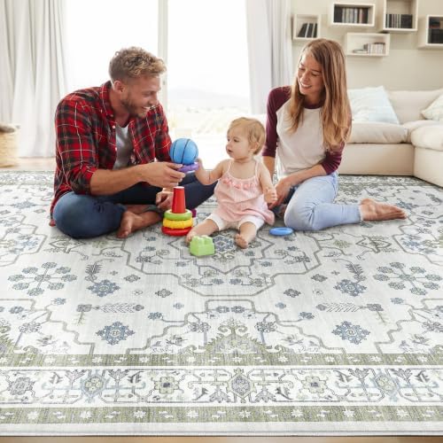 Area Rug 9x12 for Living Room - Washable Oriental Vintage Floral Distressed Large Indoor Carpets with Non Slip Back for Bedroom Dining Room Nursery Office Home Decor -Light Green - Image 4