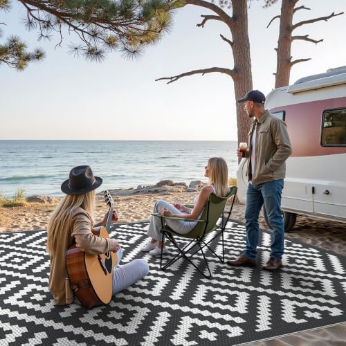 GENIMO Outdoor Rug, Waterproof Plastic Rugs 9'x12' for Camping Black White - Image 3