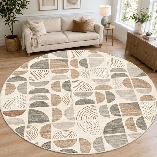 MUJOO Round Rugs 9ft,Circle Area Rug Washable Non Slip Modern Abstract by MUJOO