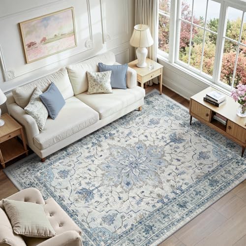 RELEANY Washable Area Rug, 8'x10', Blue/White/Gray - Image 4