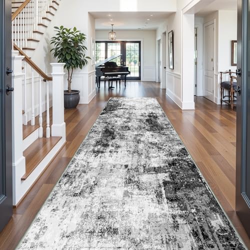 4x12 Runner Rug for Wide Hallway: Long Washable Runners for Entryway Living Room Dining Room - Stain and Water Resistant Rugs with Non-Slip Backing - Soft Low-Pile Carpet Black Grey by WIEVEDENS