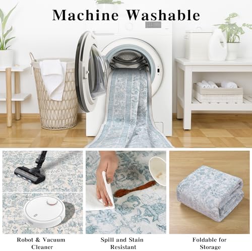 5x7 Washable Bedroom Area Rug Non-Slip Vintage Blue Throw Carpet - Image 7