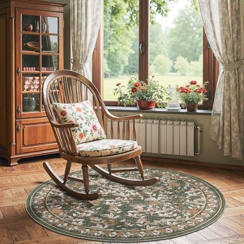 jinchan 4ft Round Rug Floral Vintage Washable Area Rug, Green - Image 4