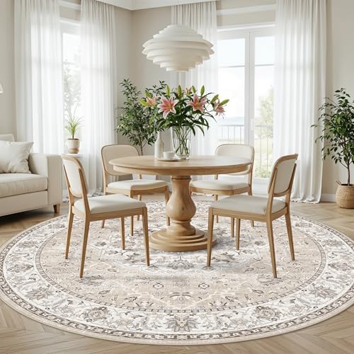 7x7 Living Room Area Rug: Washable Oriental Printed Soft Round Rug for Bedroom Besides Non-Slip Low-Pile Carpet for High-Traffic Area Indoor Stain Resistant Distressed Home Decor Mat(7Round,Beige) - Image 6