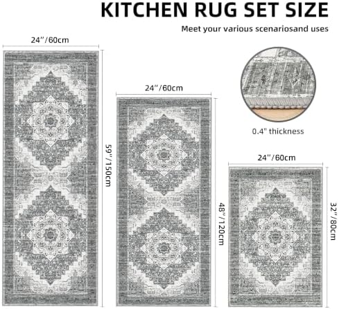 Kitchen Rugs Sets of 3 100% Non Slip Washable Kitchen Mats for Floor, Grey2 - Image 2