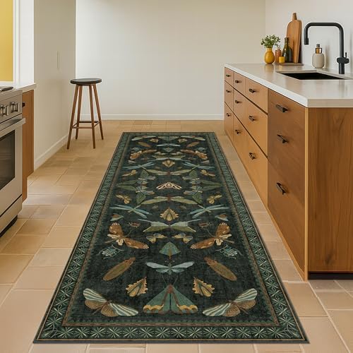 3x8 Dark Green Long Hallway Runner Rug - 8ft Washable Non Skid Wide Runner Rugs for Kitchen, Entrance, Boho Insect Indoor Décor, Low Pile & Soft Stain Resistant Carpet - Image 3
