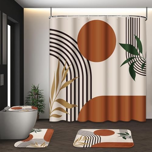 Bathroom Sets with Shower Curtain and Rugs, Set of 4 Geometric Boho by Tayney