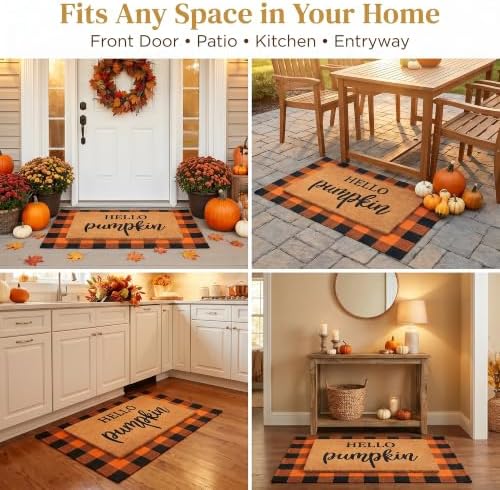 Fall Decor Door Mat Combo Set, 100% Coco Coir Welcome Mat + 28 x 43 Inches Orange and Black Plaid Rug- Fall Thanksgiving Front Porch Entryway Floor Doormat, Indoor Outdoor Autumn Mats Hello Pumpkin - Image 5