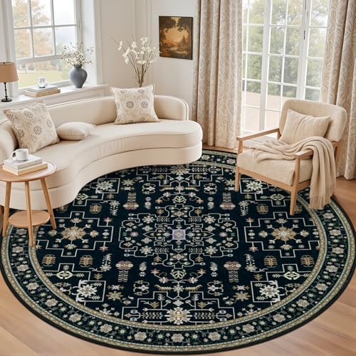Round Area Rug for Living Room: 8ft Washable Rug for Bedroom Black by EXPEDIX
