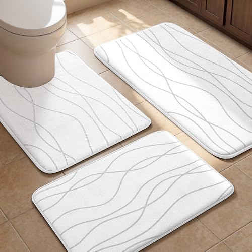 YIHOUSE Bathroom Rugs Set 3 Piece, Memory Foam Bath Mat White by YIHOUSE