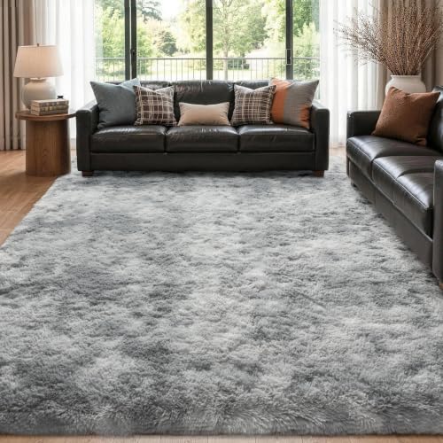 6x9 Large Fluffy Area Rugs Non-Slip for Living Room Tie-Dyed Light Grey - Image 2