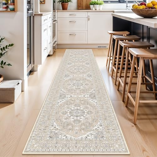 Washable Kitchen Runner Rug 2x10: Non-Slip Hallway Entryway Rugs with Rubber Backing Stain Resistant Soft Thin Low Pile Carpet for Bedroom Indoor Vintage Home Decor Mat for Bathroom (Beige/Cream,2x10) by RUUGME