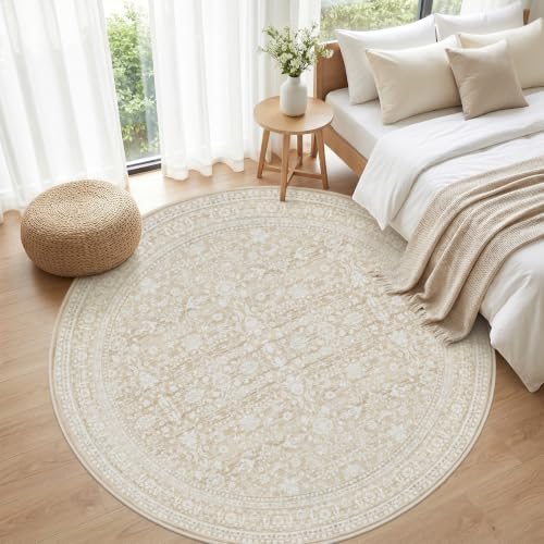 Round Area Rug Living Room: 8ft Washable Carpet Natural Beige - Image 4