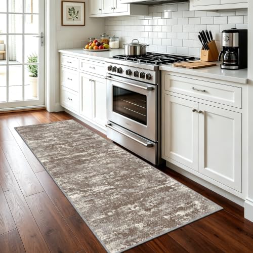 Hallway Runner Rug 2x6 Textured Non Slip Carpet Runner, Abstract Brown - Image 2
