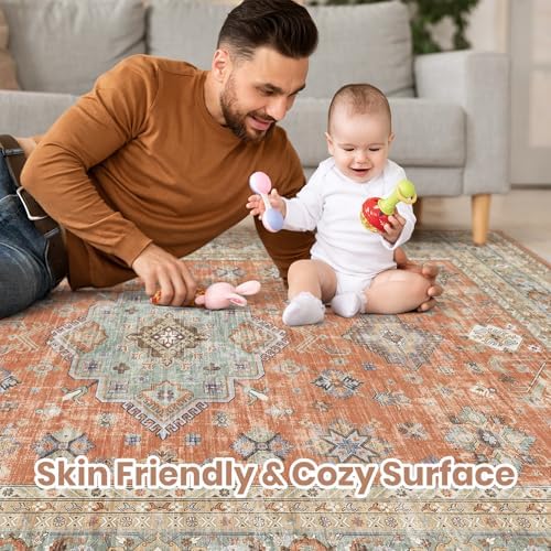 cotiled 8x10 Area Rug for Living Room, Washable, Traditional, Orange - Image 3