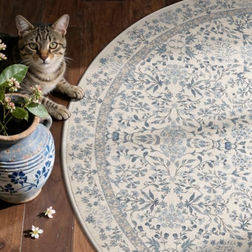 jinchan 5x5 Washable Corner Area Rug, Soft Floral Non-Slip, Blue/Cream - Image 3