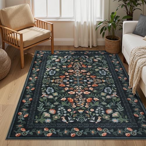 Lahome Black Floral Washable Area Rug 5x7, Vintage Boho Carpet - Image 3