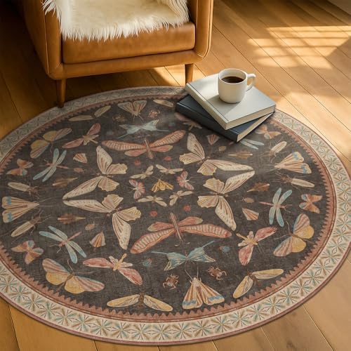 Boho Brown Round Rug 5ft, Soft Washable Throw Carpet for Entryway, Living Room, Kitchen & Reading Corner, Vintage Insect Print Area Rug - Image 3